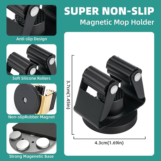 4PCS Magnetic Broom Mop Holder Wall Mount,No Drill Tool Organizer With Anti-Slip Rollers for Garage Kitchen RV Home Laundry Workshop, Anti-Rust Clips No Damage Installation (Black 4pcs)