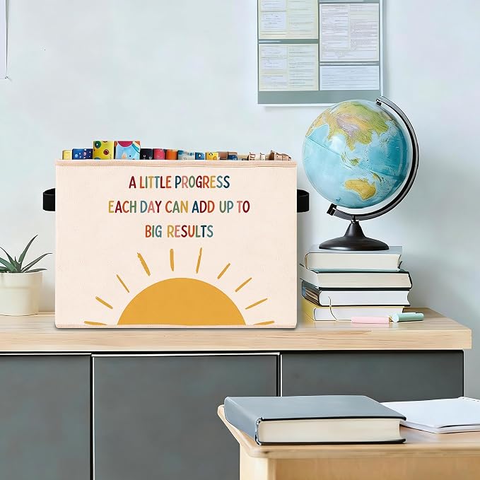 Progress Sun Foldable Fabric Storage Bin | A Little Progress Each Day sun pattern design; foldable fabric storage bin for kids room, nursery, toys, books, clothes.