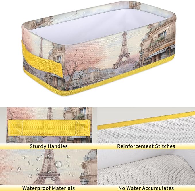 Paris Tower Architecture Bathroom Storage Basket, Foldable with Handle Open Countertop Paper Towel Decorative Box, Toilet Tank Top Shelf Baskets for Home Closet Bedroom Living Room Office