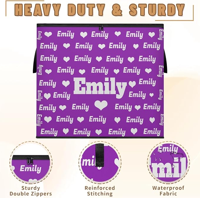 Custom Name Storage Bin with Lid, Personalized Extra Large Dark Voilet Purple Background Love Hearts Storage Basket with Handles Zippers Organizing Comforters, Blankets, Bedding Closet Shelf Baskets