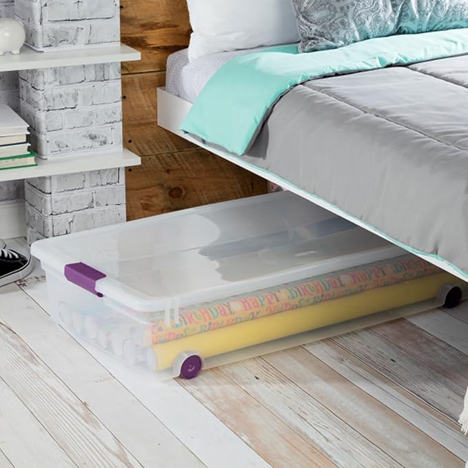 Sterilite 12-Pack ClearView Latch Box, Wheeled Underbed Organizer Bins for Home, 60 Quart | Clear Plastic Organizer Bins with Color Accent Latches and Wheels for Closet, Home Bedroom and Dorm Room