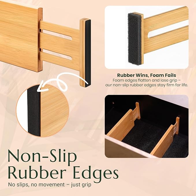 Bamboo Drawer Dividers 6 Pack with Non Slip Liner, Adjustable Expandable Drawer Organizer for Dresser, Kitchen, Bathroom, 4.5 Inch Tall Separators for Clothes, Fits 12 to 17.5 Inch Drawers