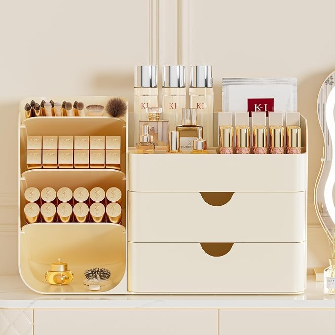 Cute Makeup Organizer Countertop for Vanity Bathroom Organizer, Cream | Beauty Organizers and Storage with Brush Holder and Drawer, Make up Organizer for Perfume Lotions Psticks, Eyeshadow Palettes