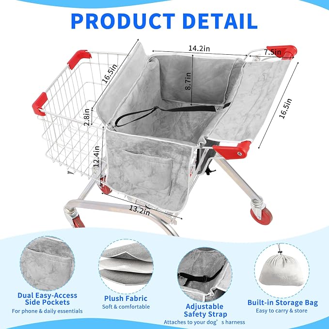 Dog Shopping Cart Cover with 2 Side Pockets, Soft Padded Pet Cart Seat Cover with Sponge Cushion, Foldable Shopping Cart Liner with Carry Bag, Fits Most Shopping Carts