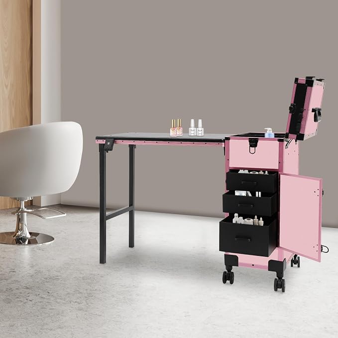 Professional Cosmetic Trolley Storage Organizer, Foldable Nail Tables Travel Cosmetic Trolley Storage Organizer w/ 4 Drawers Mirror & Speaker for Hair Stylists Pet Groomers Makeup (Light Pink)