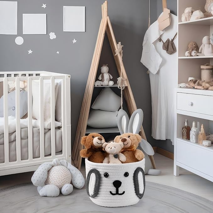 Zopeal Dog Woven Basket, 7.9" D x 6" H Cotton Rope Toy Storage Organizer, Dog Mom Gift Empty, Cute Laundry Puppy Gift Animal Basket for Clothes, Towels, Toy, Laundry, Bathroom, Home(White, Gray)