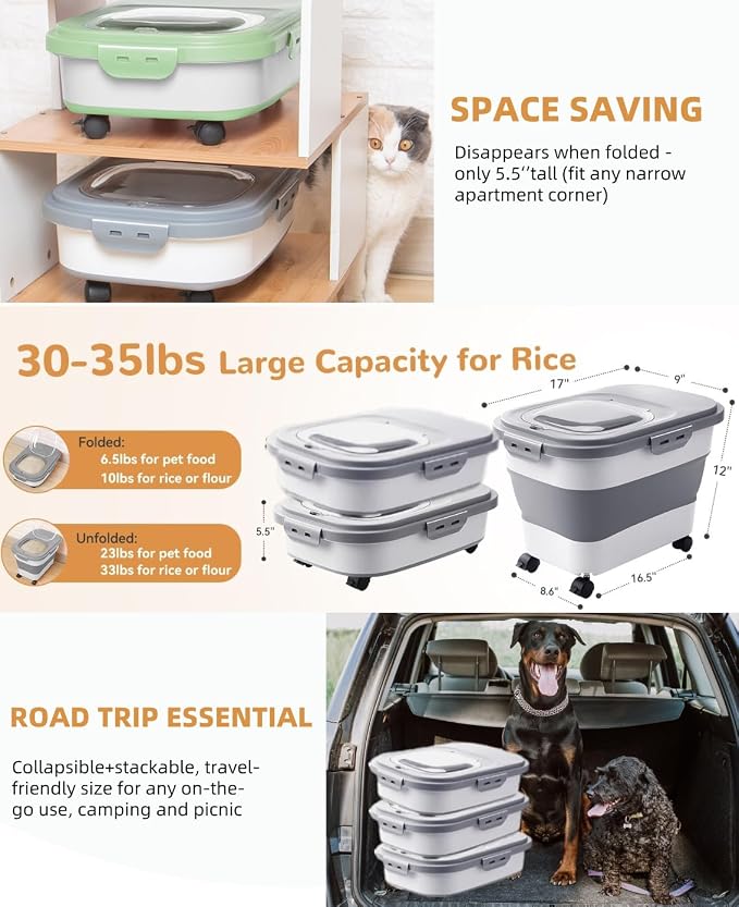 20-23 Lbs Dog Food Storage Container,Collapsible Dog Food Container | Pet Food Storage Containers with Attachable Casters and Scoop,Small Container,Keep Dry Food Fresh,Easy to Move with Wheels