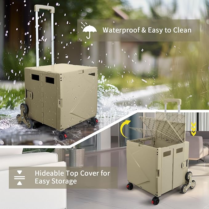 76L Folding Utility Cart Portable Rolling Crate Handcart Shopping Collapsible Tool Box with Stair Climbing Wheels,Hidden Lid,2 Rotate Wheels,for Grocery,Shopping,Office,Storage(Brown)