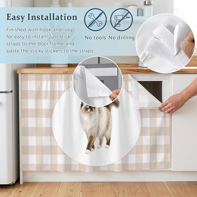 Ragdoll Cat Cabinet Curtain 35"Wx35"L, Dustproof Under Sink Skirt with Self Adhesive Tape, Modern Linen Plaid Farmhouse Pet Cats Cabinet Curtain Cover for Kitchen Sink, Bathroom Vanity, Laundry Room