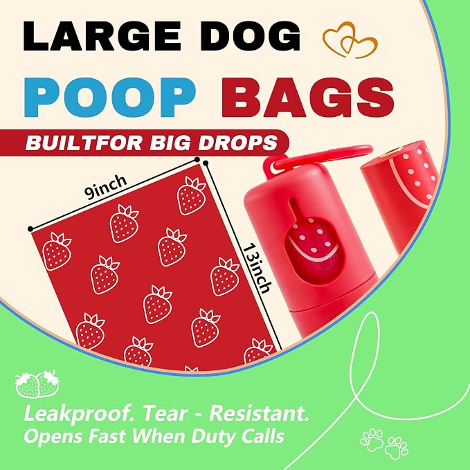 Strawberry Scented Dog Poop Bags - 8 Rolls 120 counts Leak Proof | Extra Large 13x9 Inch Red Dog poop bags rolls with Dispensers, Fragrance Bags for Dogs Walking and Cat Litter