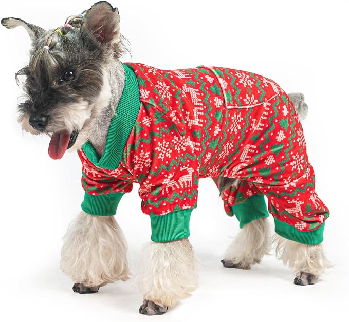 PUPTECK Soft Fleece Dog Pajamas for Small Medium Dogs, Dog Onesie Puppy Sweaters Clothes Jumpsuit Pjs, Cute Jammies Cat Coat Pet Costume Apparel, Red&Green M