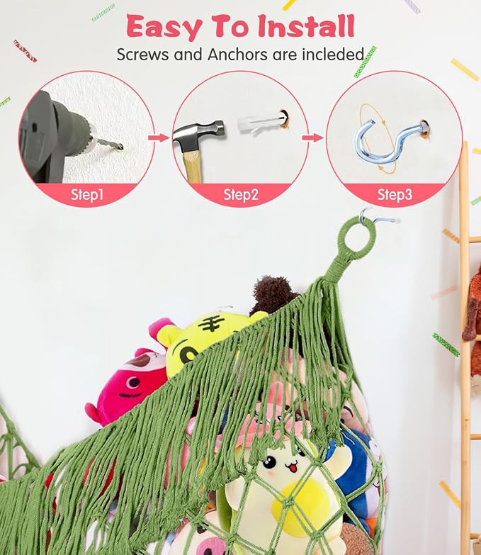 Stuffed Animal Hammock - Extra Large 56'' Long (Avocado green) | Premium Cotton Hand-knitted, Beautiful Long Tassel, Storage Hanging Organizer, Can Fit Stuffed Animals 30 Piece or More