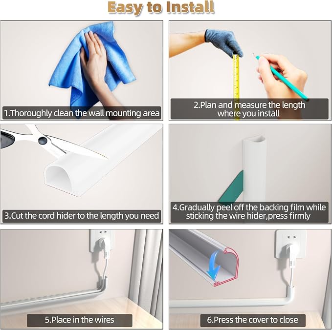 118" Side Open One Cord Hider (<1/4") for Wall Mounted Tv,Silicone Flexible | Cable Cover to Hide Conceal Cords Along Wall,Wire Raceway Management Cable Concealer Channel,Electric Cord Organizer,White
