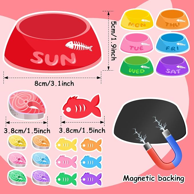 Magnetic Cat Feeding Reminder Tracker – Weekly Meal Planner for Cats with Colorful Bowls, Fish Meat & Fish Icons – Reusable Fridge Magnet Chart for Pet Feeding Schedule, Cat Food Organizer Sign