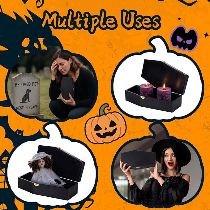 SiliFine 1 Pcs 12 Inch Halloween Coffin Box Black Painted Wood Casket Decor | Suitable Size for Halloween Decor, Fillable Hinged Jewelry Box, Party Favor, Goth Decoration, Pet Casket, Mini Black Coffin