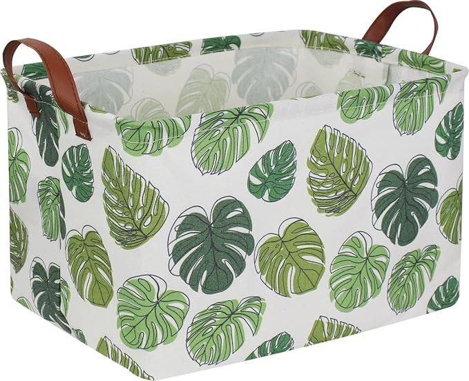 NTAOHAMPER Rectangular Green Storage Basket, Waterproof Safari Nursery Box with Handles for Bedroom, Jungle Theme Gifts Basket, Momstera Decor(Leaf)