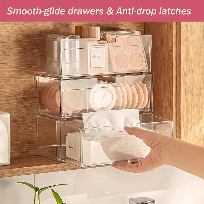 2 Tier Clear Bathroom Counter Organizer, Stackable Storage Drawers