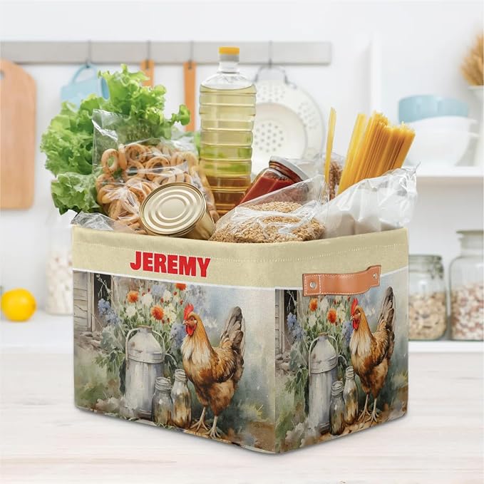 Custom Storage Baskets for Kids with Name, Large Foldable Organizer Collapsible Storage Bin with Leather Handle for Home Toys Closet Nursery, Farmhouse Hen Countryside