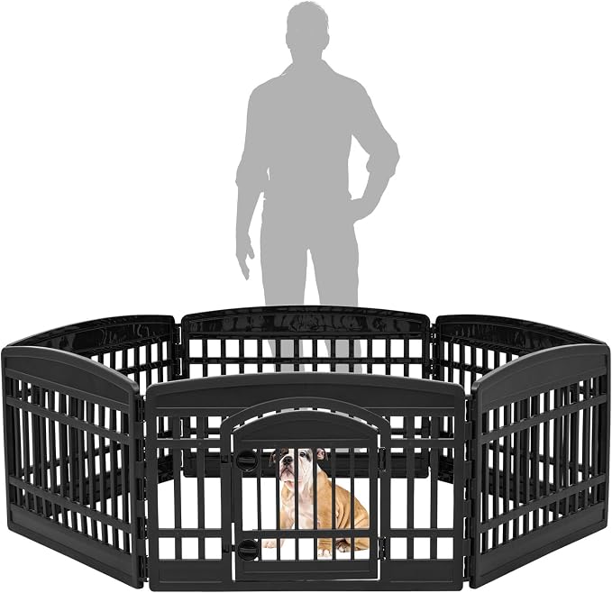 IRIS USA 8-Panel Dog Playpen with Door, Pet Enclosure, Black | Heavy Duty Plastic, Multiple Pets, Indoor Outdoor, Portable, Large Play Area, Easy Assembly