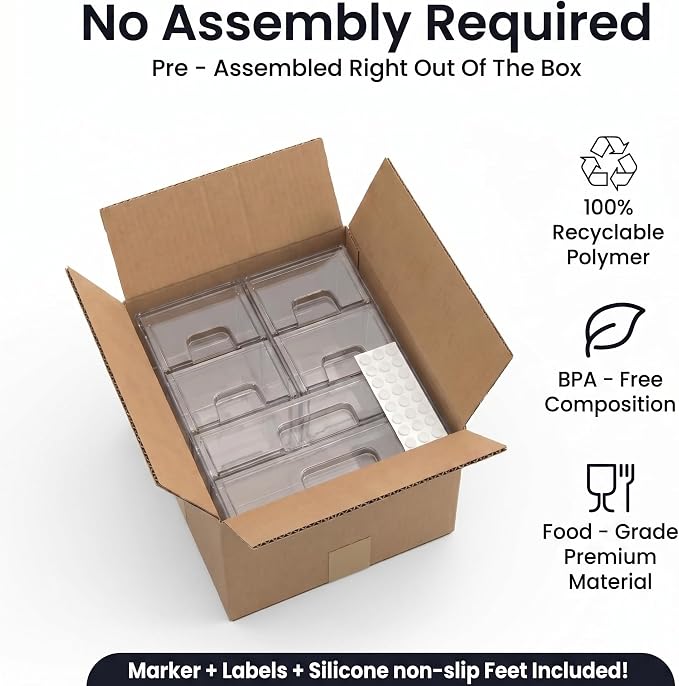 6-Pack Stackable Storage Drawers with Labels - Clear PET Pull-Out Organizer Bins for Pantry, Bathroom, Vanity, Cabinet, Countertop | Baby Bottle Organizer