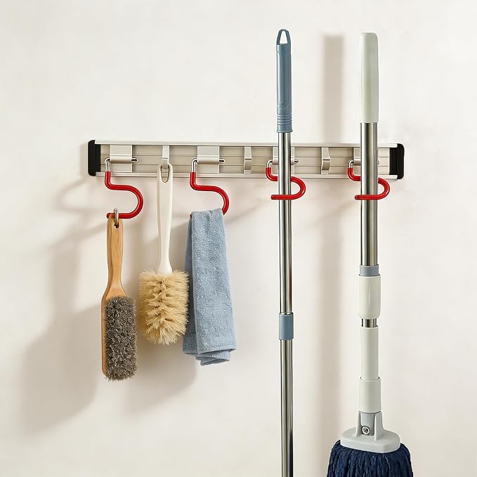 Wall Mounted Mop and Broom Holder Stainless Steel S Type Broom Rack Anti-Slip Mop Organizer (34Inches,8 Positions 6 Hooks, Red White)
