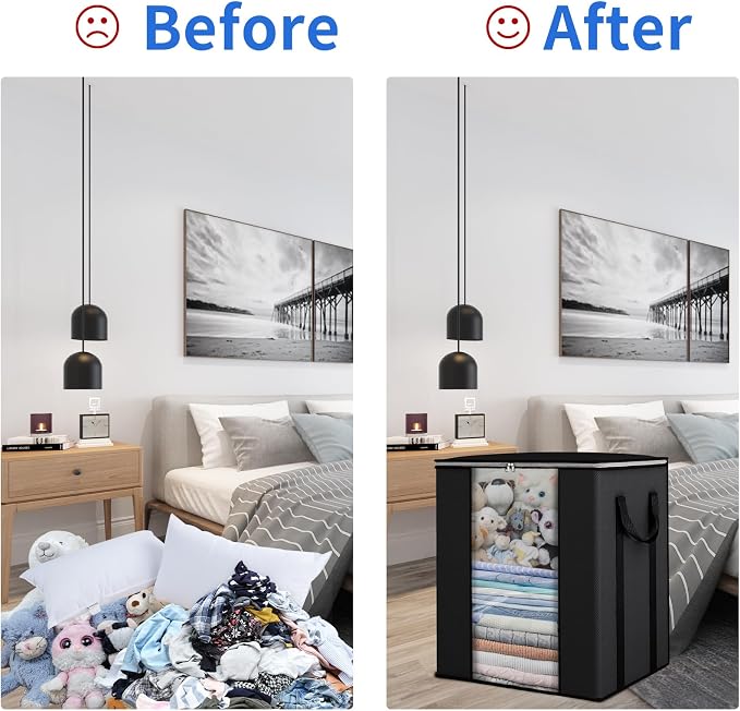 Blanket Storage Bags 120L for Comforter Clothes Bedding 2 Pack Black | Breathable 100 gsm Fabric, Clear PVC Window, Heavy-Duty Metal Zipper, 2 Reinforced Handles, Foldable for Closet Storage