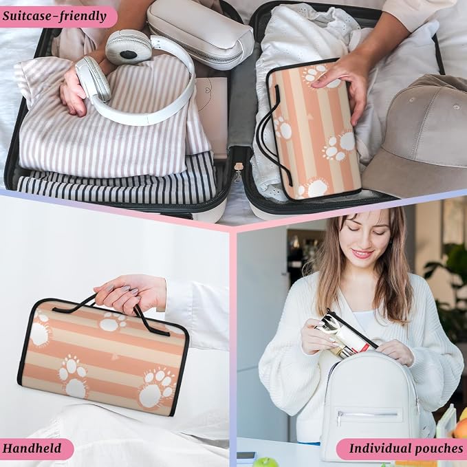 Dog Paws Makeup Bag for Women Hanging Roll-Up Travel Organizer Toiletry Kit with 4 Removable Compartments, Cat Pet Paw Animal