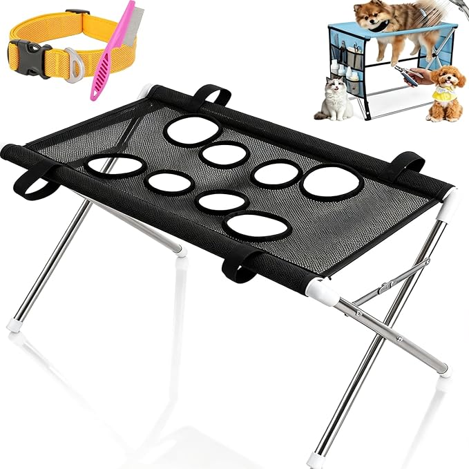 2-in-1 Foldable Pet Grooming Bed, Portable Pet Bathing Stand (Black,A) | Dog Grooming Hammock with Foldable Frame and Mesh Side Pockets, Suitable for Pet Washing Maintenance Travel Grooming