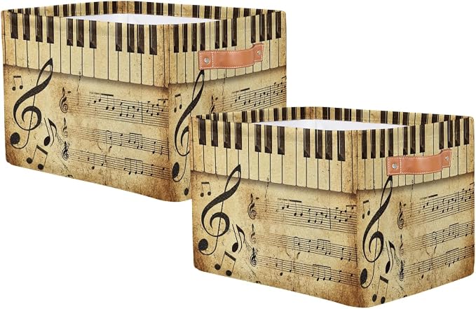 AUUXVA Vintage Storage Baskets Music Note Storage Bins Piano Key Storage Cube Box Collapsible Canvas Book Basket Organizer Bin with Handles for Shelf Closet Bedroom Home Office, 2 Pcs