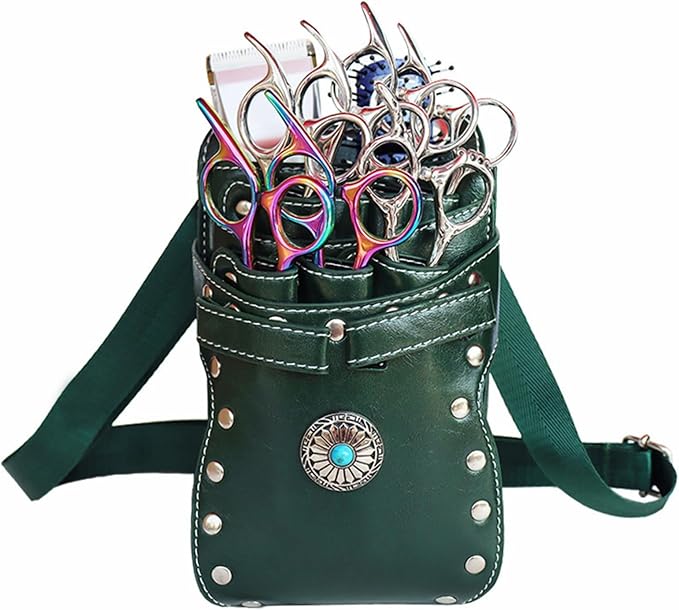 Hairstylist Waist Bag, 7-Slot PU Leather Barber Scissors Tool Bag Shear Holder, Detachable Hair Cutting Organizer for Combs, Clippers, and Spray Bottles (Dark green)