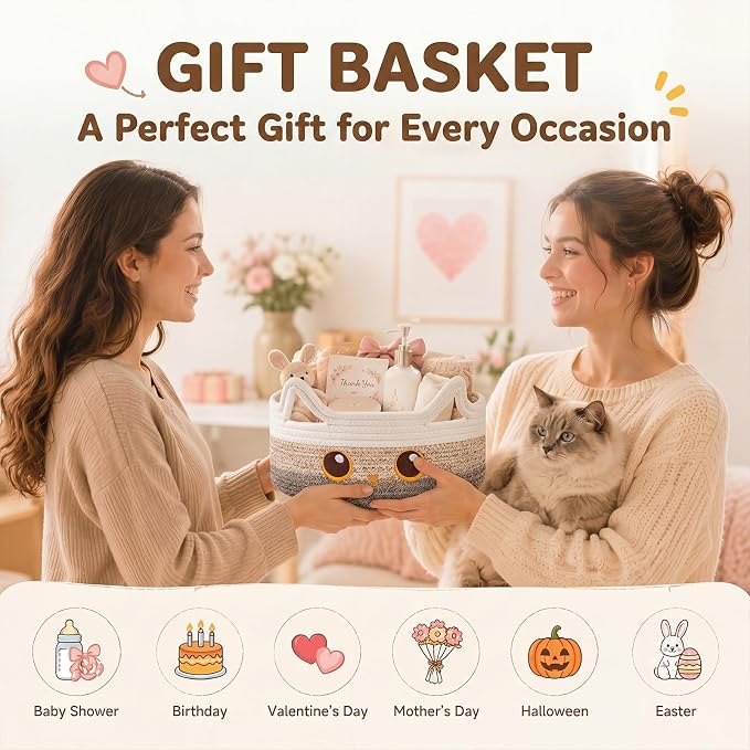 Small Cotton Rope Storage Basket,Round Cat Toy Basket for Living Room,Brown | Cute Decorative Dog Toy Basket, Toy Bin for Baby, Pet, Gift Basket for Halloween, Baby Shower , 11"×11"×4.7"