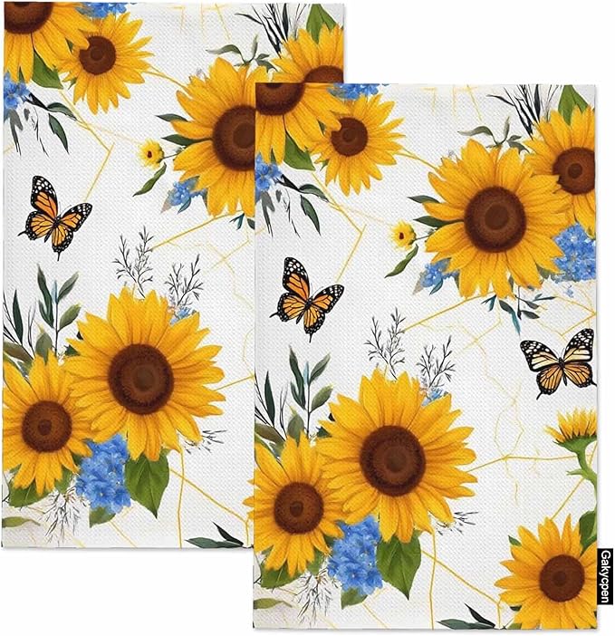 Sunflower Waffle Kitchen Dish Cloths Bloom Flowers Butterflies Ultra Soft Absorbent Quick Drying Dish Towels 16 X 24 Inches Set of 2