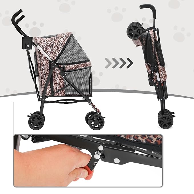 MoNiBloom Pet Stroller for Small/Medium Dogs and Cats, Leopard Print | Foladble 4 Wheels Easy-Fold Puppy Cage Jogger Stroller with Sun Cover, Pad and Rear Storage Bag, Breathable and Visible Mesh