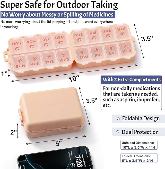 Foldable Weekly Pill Organizer 2 Times a Day with 2 Extra Compartments - Etched Labels - Portable 7 Day AM PM Medicine Box, Week Daily Travel Pill Case Holder Dispenser for Vitamin, Supplement - Pink
