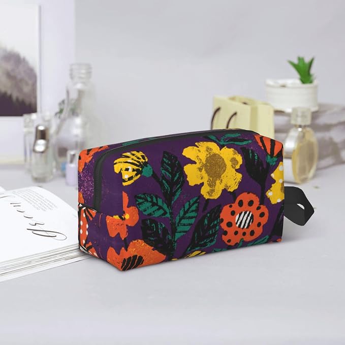 Purple Whimsical Florals Makeup Bag - Durable 600D Oxford Fabric Travel Cosmetic Bag, Shockproof Foam Padded Toiletry Organizer for Gym & Daily Use 10x6.2x4.9 Inch