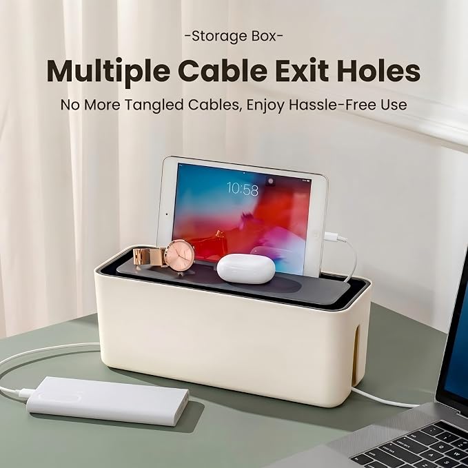 Cable Management Box, Dust-Proof & Heat Dissipation Cord Organizer, Hide Power Strips and Messy Wires, 11.8" (L) x 4.3" (W) x 4.5" (H), Home Office Desk Accessories, Includes 3 Stickers & Straps