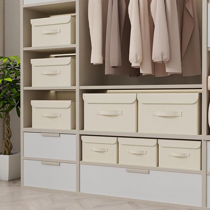 Cloth Storage Baskets with Handles,Beige 10.2x7.9x6.7in,5 Pack | Storage Boxes with Flip-Top Lids,Washable PP Panel Cube Drawer Organizers,Collapsible Underwear Divider Bins for Home