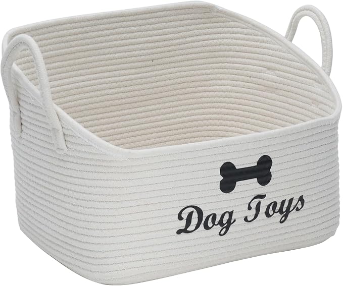 Large Dog Toy Basket-Woven Dog Toy Box for Living Room Area-Trapezoid Pet Toys Bin with Handle-Dog Organizer for Toys,Collar,Leash,Blanket -13.4''x11.8''x10.6''-Beige