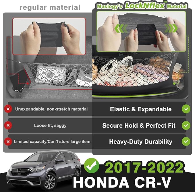 Muslogy Cargo Net for 2017-2022 Honda CR-V Accessories | Custom Fit, Trunk Storage Organizer Net for SUV Sedan Van Divider, with Heavy Duty Carabiners, Night Visible Grab Handle