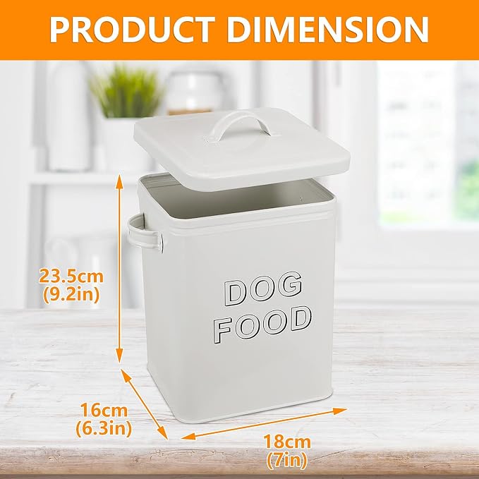 Morezi Metal Dog Food Storage Container Airtight Pet Food Treat Bin 6 lbs | Vintage Durable Canister Dog Treats Tin with Lid& Scoop for Kitchen Countertop, Shelf, Great Gift for Pet Owners(White)