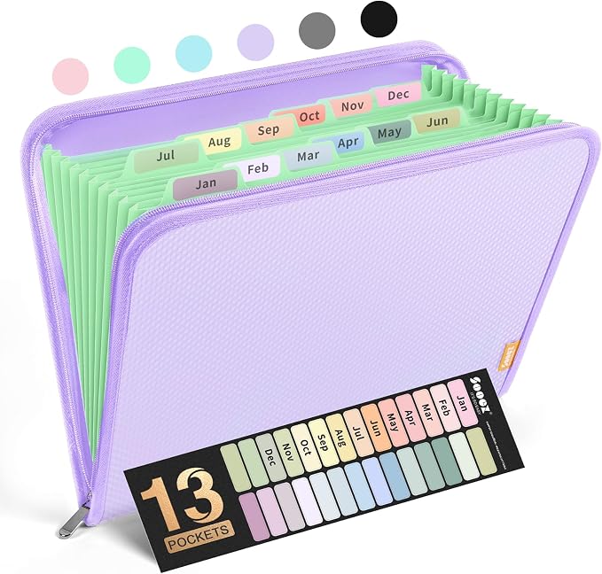 Sooez 13 Pocket Accordion File Organizer, Zipper Expanding File Folder A4 | Reinforced Plastic Accordion Folder Organizer, A4 Letter Size, Portable Folders for Documents, School Office Supplies, Purple