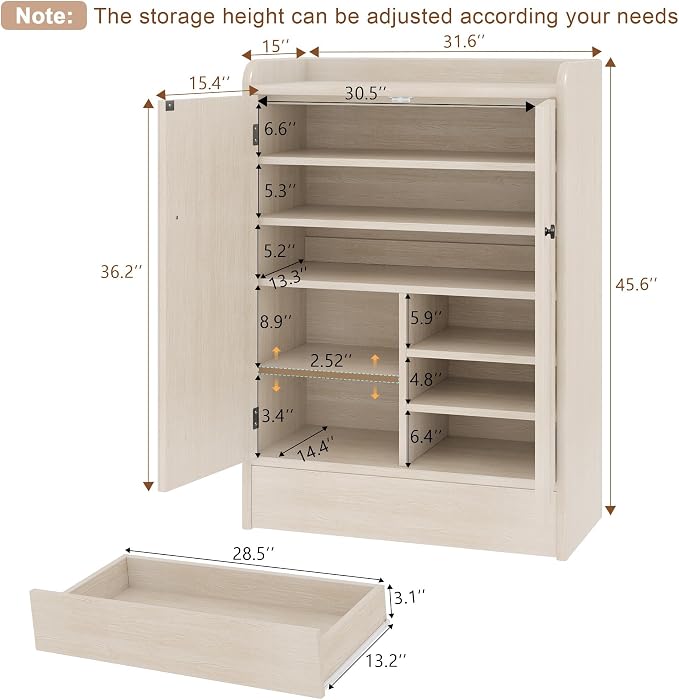 Jehiatek Light Oak Wood Shoe Cabinet with Adjustable Shelves & Large Bottom Drawer,Freestanding Closed Shoe Storage Organizer with Doors,Entryway Shoe Rack for Heels Boots Sneakers Hallway Living Room