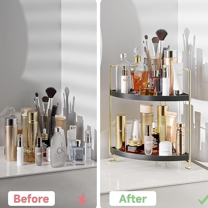 KINGNERWI 2-Tier Bathroom Counter Organizer, Vanity Corner Shelf, Black | Makeup Skincare Storage Tray, Small Countertop Rack, Stores Cosmetics, Perfume, Seasoning, Fits Sink and Dresser