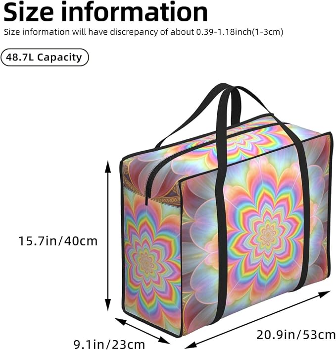 Heavy Duty Clothes Storage Bags Pastel Petal Mandala Fractal, 48.7L Moving Totes with Reinforced Handles for Bedroom and Closet Organization