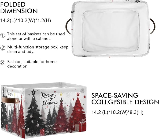 Christmas Tree Storage Basket with Waterproof Liner and PU Handles Xmas Winter Gray Black Red Snowflake Storage Bins Boxes 14.2" Collapsible Decorative Baskets for Bedroom Closet Office 2 Pack