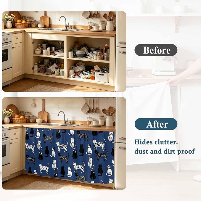 Cat Animal Cabinet Curtain 28"Wx51"L,Dustproof Storage Cabinet Curtain with Self Adhesive Tape,Navy Blue Earthy Tone Vintage Pet Modern Tall Pantry Cover Drape for Kitchen,Laundry Room,Utility Closet