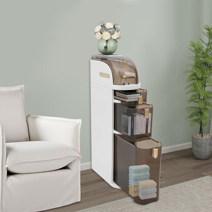 3 Tiers Slim Bathroom Storage Cabinet, Drawer Narrow Slim Storage Cart with Tissue Box and Removable Dividers, Portable Utility Organizer Cart Bedroom Kitchen Office Dorm, Compact Vertical Design