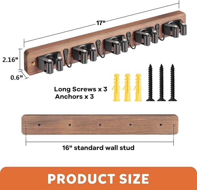 IMILLET Broom Holder Wall Mount, Rustic Broom Hanger for Laundry Room | Wood Broom and Mop Organization and Storage, Mop Holder for Home Decor, Garden, Garage, Closet, 5 Racks and 4 Hooks, Brown