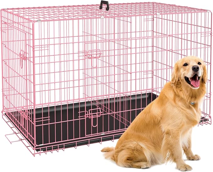 BestPet | Dog Crate | 42" | Pink | Foldable Metal Kennel with Double Doors | Secure Slide-Bolt Latches, Leakproof Tray | Portable Dog Cage for Large Breeds | for Travel, Indoor & Outdoor Use