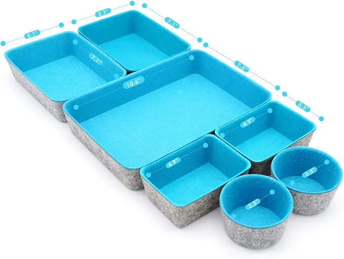 Welaxy Drawer organizers bins felt tray desk storage bins dividers small organizing box for office supplies closet cabinet makeup holder Fall room decor 7-piece (Turquoise)